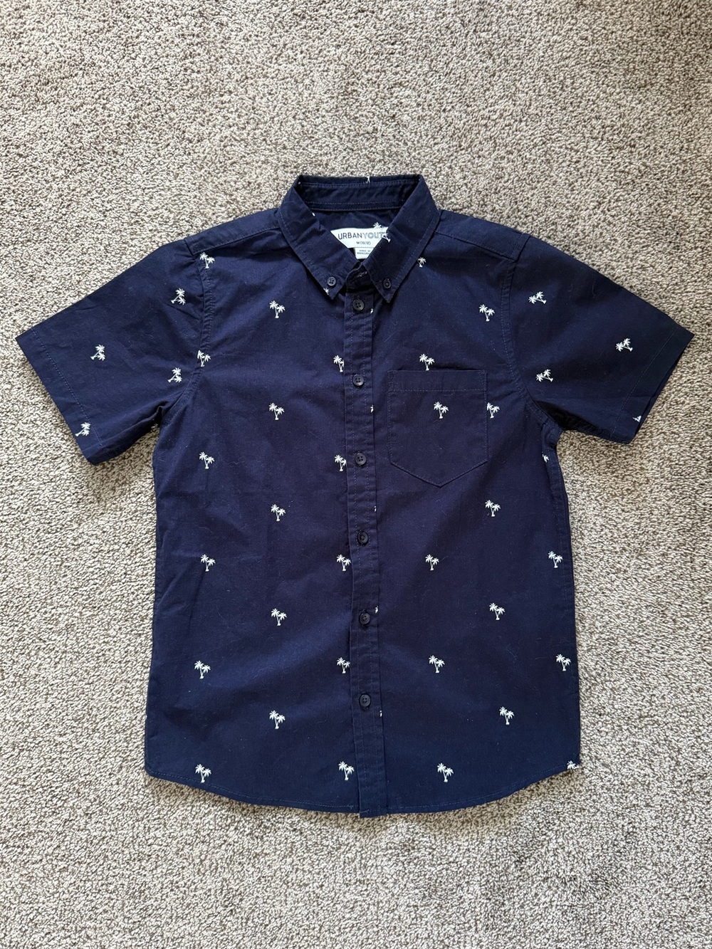 Urban Youth Navy Blue With White Palm Trees Pattern Button-Up Short Sleeve Shirt